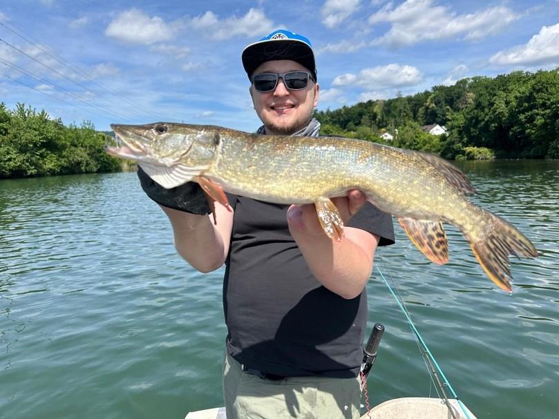Hecht, der vom Leiter gehalten wird